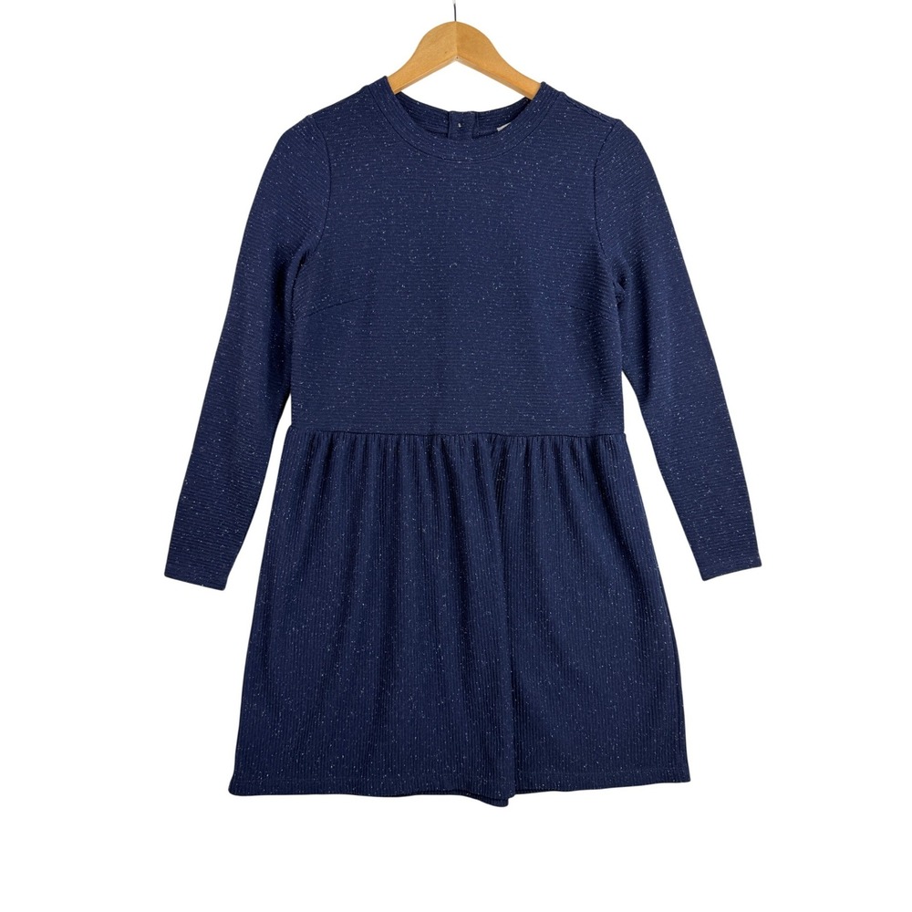 Loft Womens Knit Long Sleeve Accent Button Sweater Dress size Medium Petite Blue